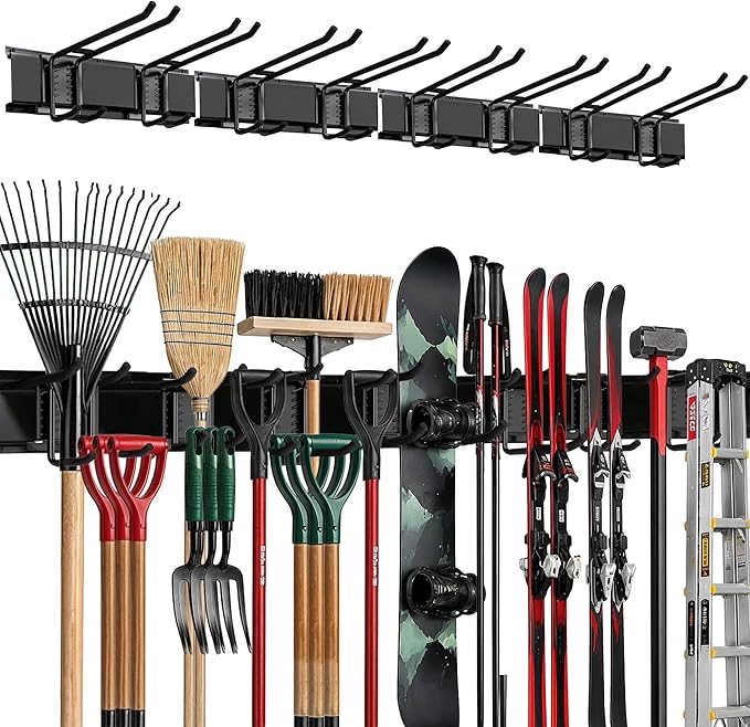 TIDYME Garage Wall Organizer | 64" Heavy-Duty Tool Storage Rack | Adjustable Double-Layer Hooks | 400 lbs Capacity | Carbon Steel Wall Mount Holder for Shovels, Rakes, Ladders & Power Tools