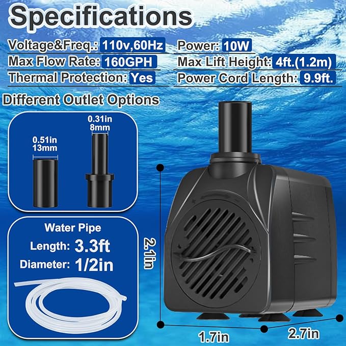 SongLong 160GPH(600L/H) 9.9ft Power Cord Submersible Pump, Water Fountain Pump with 4ft Lift for Ponds, Water Fountains, Aquariums & Hydroponics.