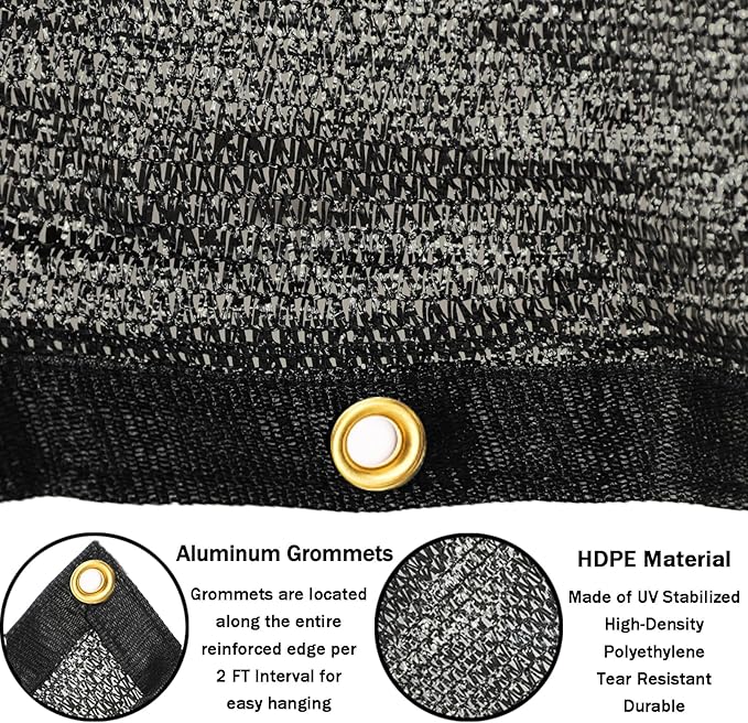 40% 20 ft X 50 ft Black Shade Cloth, Plant Cover Sun Block Screen Taped Edge with Grommets - for Outdoor Patio Tomatoes Barn Kennel Greenhouse