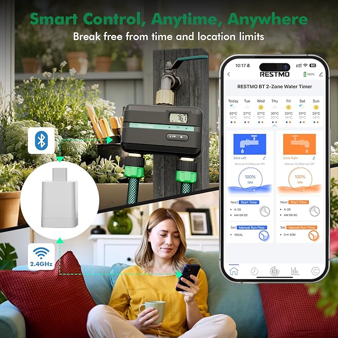 RESTMO 2 Zone Smart Sprinkler Hose Timer with Flow Meter, Brass Water Timer for Garden Hose with APP Remote Control (2.4GHz WiFi Connection), Automatic Drip Irrigation System for Lawn, Yard