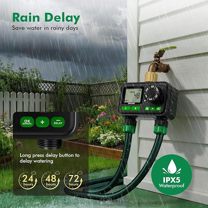 RESTMO Sprinkler Timer for Outdoor Hose Faucet 2 Zone, Up to 11h59m Programmable Watering Timer for Soaker Hose, Misting with Brass Inlet & Large Dial, Rain Delay/Manual/Automatic Irrigation System