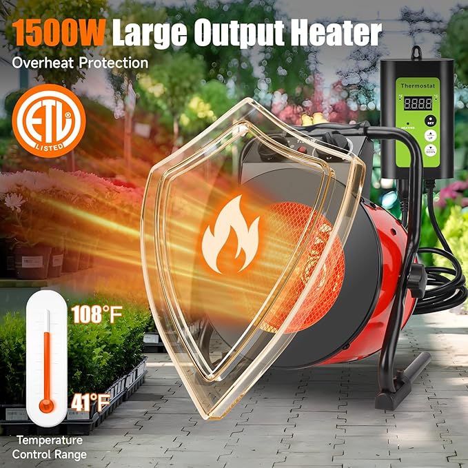 Greenhouse Heater with Thermostat, Outdoor Heaters for Patio, Fast Heating, Overheat Protection, Electric Space Heaters for Winter Plants, Grow Tent, Green House, Flower Room, Garage, Patio