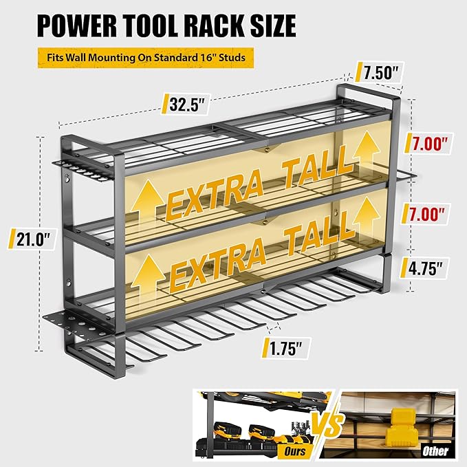 MOOMSINE Large Power Tool Organizer Wall Mount, 4-Tier Heavy Duty Metal Storage Rack Loads 400lbs, Battery Tools Hanger with 8 Cordless Drill Holder for Garage, Workshop, Pegboard, Shed