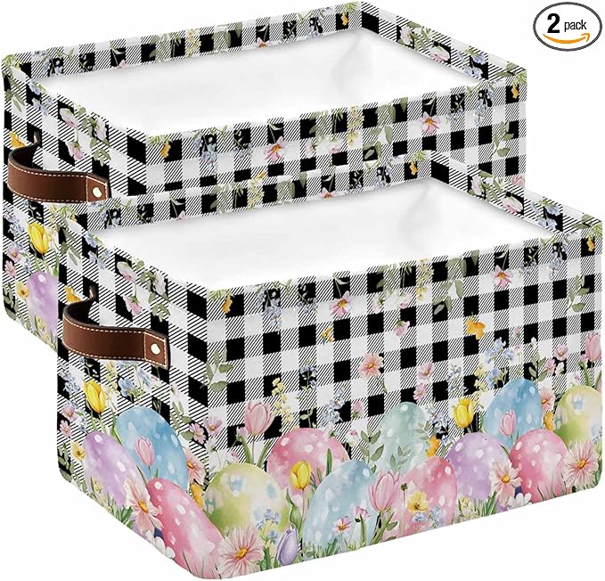 Spring Easter Flowers Storage Bins Cubes Waterproof Cloth Storage Basket,Farmhouse Floral Black Buffalo Plaid Foldable Storage Bags for Shelf Clothes Storages Organizers with Handles 15x11x9.5 in 2PCS