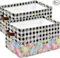 Spring Easter Flowers Storage Bins Cubes Waterproof Cloth Storage Basket,Farmhouse Floral Black Buffalo Plaid Foldable Storage Bags for Shelf Clothes Storages Organizers with Handles 15x11x9.5 in 2PCS