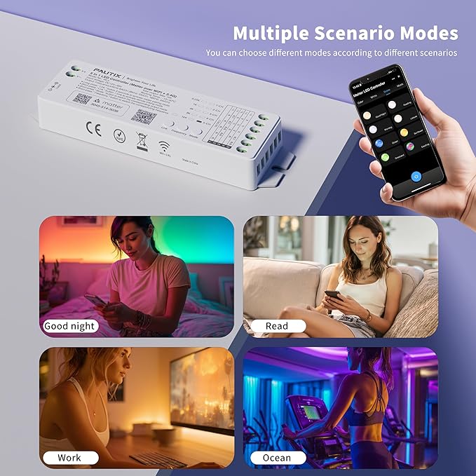 PAUTIX Matter WiFi LED Controller Kit ML5 Compatible with Tuya APP/Homekit/Smart Life/Alexa/Google Home/Siri, DC12-48V Dimmable with RF Remote for Single Color/CCT/RGB/RGBW/RGBCCT LED Strip Lights