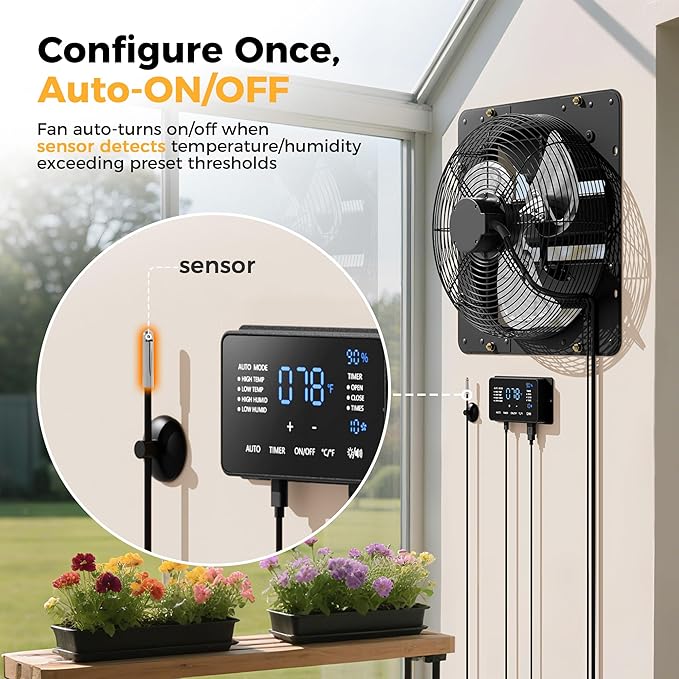 CAMMOO 14 Inch EC Motor Shutter Exhaust Fan, 6 Inch Large Touchscreen Controller for Temp Humidity and Speed Control, 10-Speed Wall Mount Fan for Attic, Greenhouse, Garage, Chicken Coop Ventilation