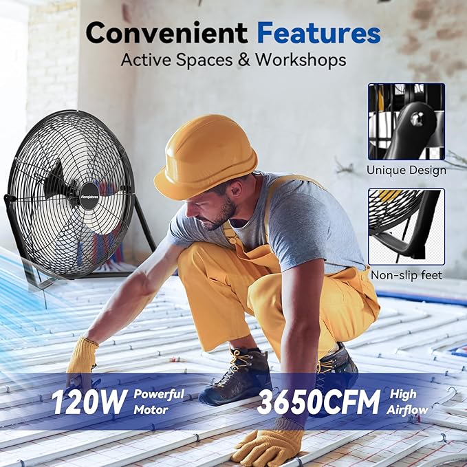 18" High Velocity Floor Fan, 3800 CFM Heavy Duty Industrial Floor Fan, 3 Speed, 360 Degree Tilt, Wall Mounted & Floor Design for Warehouse, Basement, Factory, Barn, Garage - UL Safety Listed