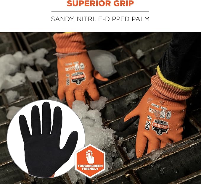 Ergodyne ProFlex 7551 Waterproof Winter Work Gloves, Cut Resistant ANSI A5, Sandy Nitrile Coated Palms, Thermal Fleece Lining, Orange