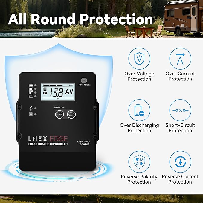 LNEX Solar Charge Controller with Flush Mount Design, 6 Stage Charging with LCD Display 12V/24V Auto PWM Controller 30A for LiFePO4, AGM, Gel, Flooded and Lithium Battery
