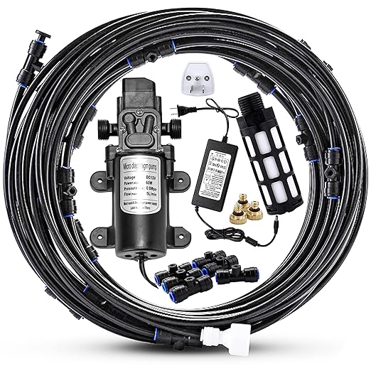 Mornajina Outdoor Misting Cooling System with Pump Kit, 49.2FT(15M) Misting Line with Filter, 20 Brass Mist Nozzles, 1 Brass Adapter (3/4"), 12V DC 60W 5L/Min, Self Priming Sprayer Water Pump