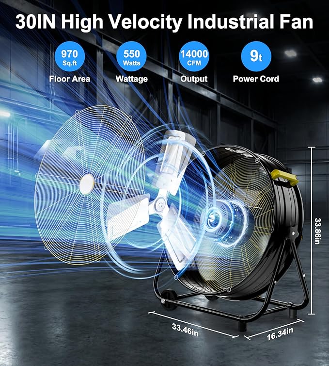 AKIRES 30IN Industrial Floor Drum Fan,14,000CFM High Velocity Heavy Duty Shop Fan with 360° Tilt,Handle,500W High Velocity Drum Fan for Garage,Basement,Warehouse,Patio,Factory,Workshop,Commercial Use