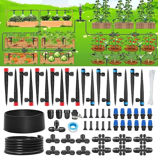 243FT Drip Irrigation Kit, Drip Irrigation System with 1/2'' Hose1/4 Drip Irrigation Tubing, 2025New Quick-Connect, Three Adjustable Nozzle Types for Garden Greenhouse Flower Bed Patio Lawn