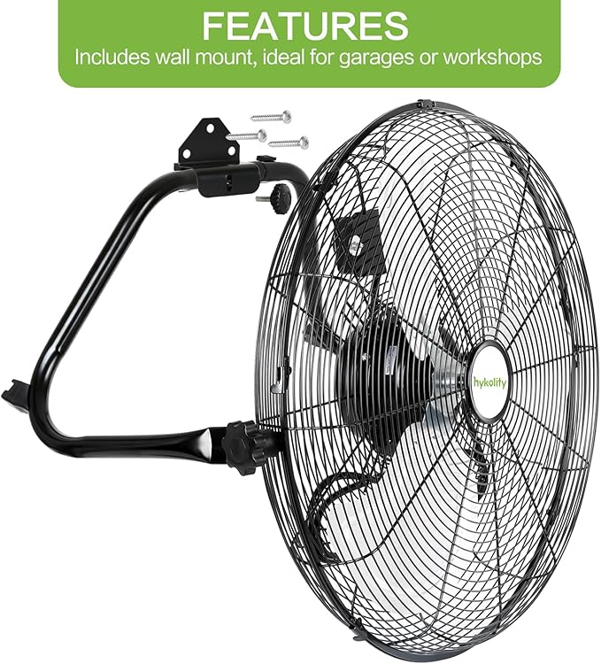 hykolity 20" High Velocity Floor Fan, 3-Speed 4650 CFM Heavy Duty Industrial Metal Shop Fan with Wall-Mounting System, Ideal for Commercial, Garage, Greenhouse and Gym