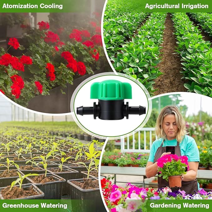 50 Pcs 1/4 Inch Barbed Shut off Valve Drip Irrigation Tubing Coupling Valve Universal Drip Irrigation for 1/4" Tubing Greenhouses Flowers Beds Lawns Farmland(Green,Barbed Shut off Valve)