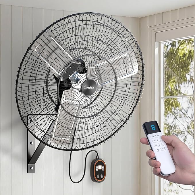 Amico 30 Inch Heavy Duty Wall Mounted Fan with Remote Control, DC Motor, 8 Speeds, High Velocity, Indoor/Outdoor Oscillating Industrial Shop Fan with Timer for Gym, Patio,Garage, Warehouse
