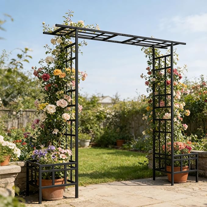 Adjustable Metal Garden Arch with Planters, Heavy Duty Galvanized Steel Arbor for Climbing Plants, Outdoor Pergola Trellis for Rose, Vine, Ivy, Wedding Arch Decoration
