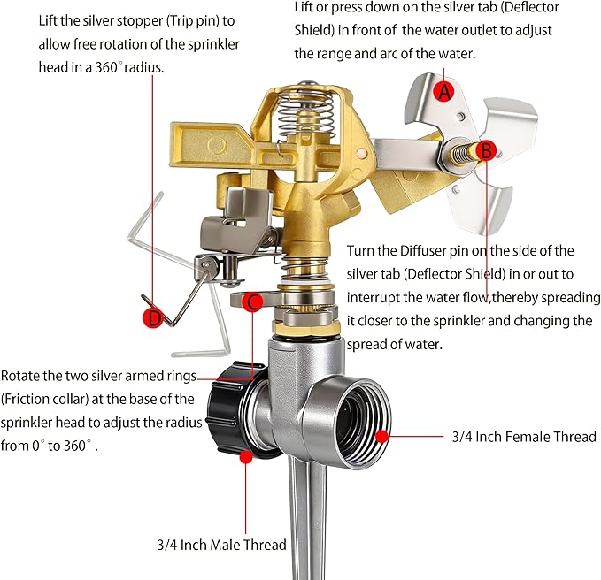 Triumpeek 2-Piece 1/2" Brass Impact Sprinkler Heads, Heavy Duty Adjustable 0-360° Pattern, Long Range Sprinkler for Lawn & Garden Irrigation, Large Area Watering Coverage