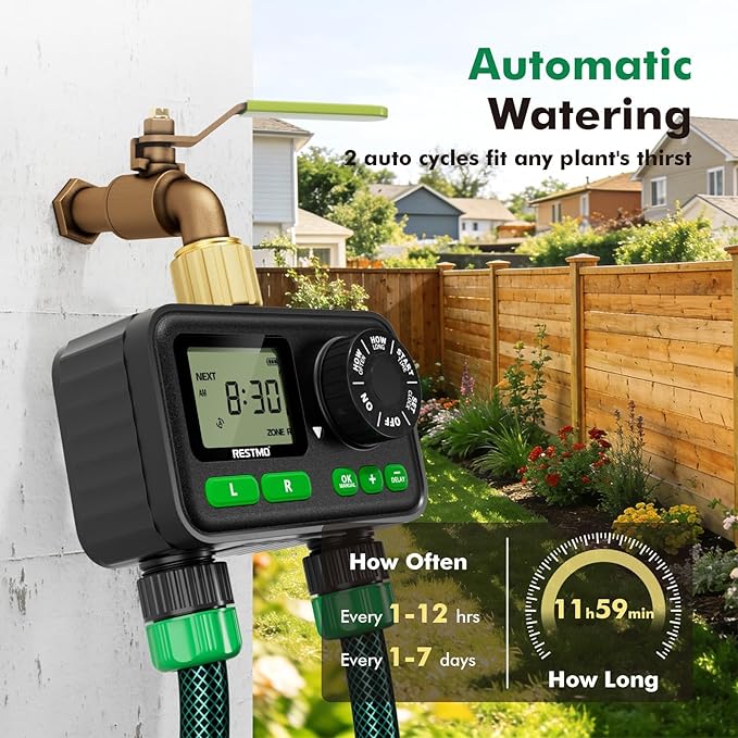 RESTMO Sprinkler Timer for Outdoor Hose Faucet 2 Zone, Up to 11h59m Programmable Watering Timer for Soaker Hose, Misting with Brass Inlet & Large Dial, Rain Delay/Manual/Automatic Irrigation System