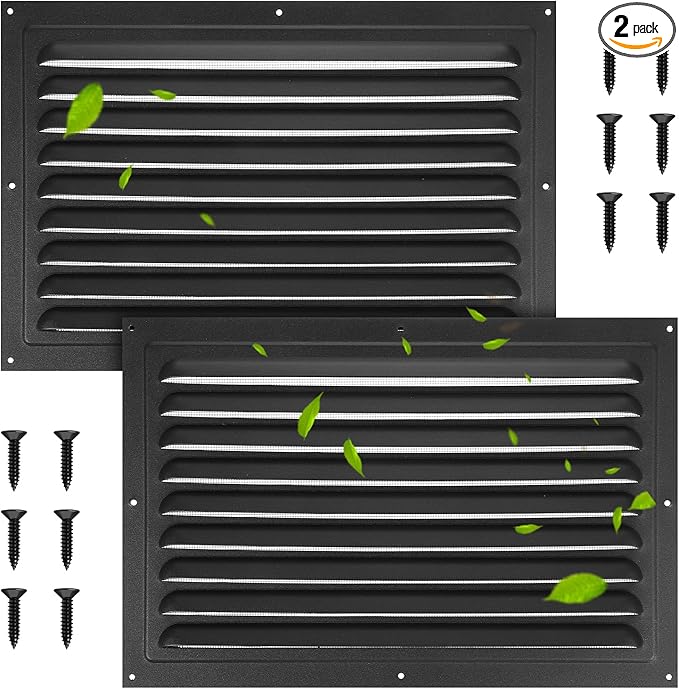 2 Pack 8" x 12" Aluminum Attic Vents with Screen Mesh – Heavy-Duty Louvered Gable Vents for Shed, Garage & Roof Ventilation (Black, Includes Screws)