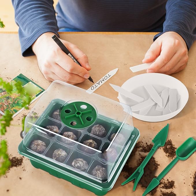 Hahood 10 Sets Seed Starter Tray Kit Seed Starter Trays with Humidity Dome and Base Include 120 Peat Pellets 200 Plant Labels Garden Tools Plant Germination Tray Set for Indoor Outdoor Planting, Green