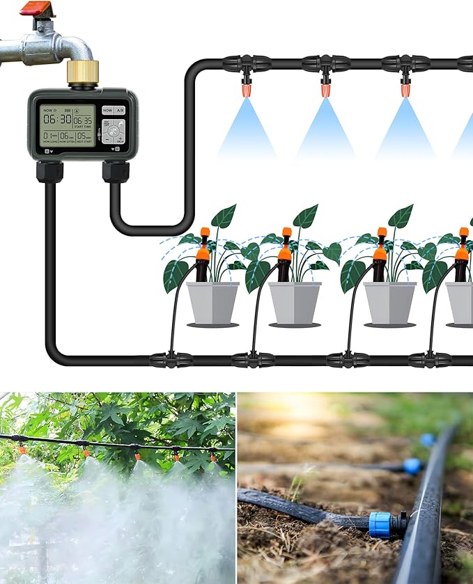 2 Zone Brass Sprinkler Timer, Garden Hose Timer, Automatic Irrigation System, Programmable Faucet, 2 Outlets, with Rain Delay, Manual Mode,Child Lock, for Yard, Garden, Lawn, Green E12WT06