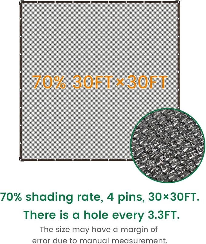 70% 30 X 30 FT Black Shade Cloth, Outdoor Sunblock Shade Cloth with Grommets, Durable Sun Shade Netting Shading Antifreezing for Patio, Garden, Plants Cover, Greenhouse, Barns, Dog Kennel