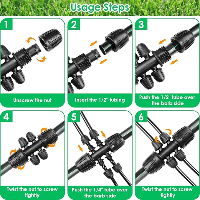JAYEE Drip Irrigation Fittings, 12 Pcs Lock Barbed Six Way Connectors for 1/2 to 1/4 Inch Vinyl Tubing, Drip Line Parts 6-Way Reducing Tees Irrigation Kits for Drip Sprinkler Garden Lawn Systems