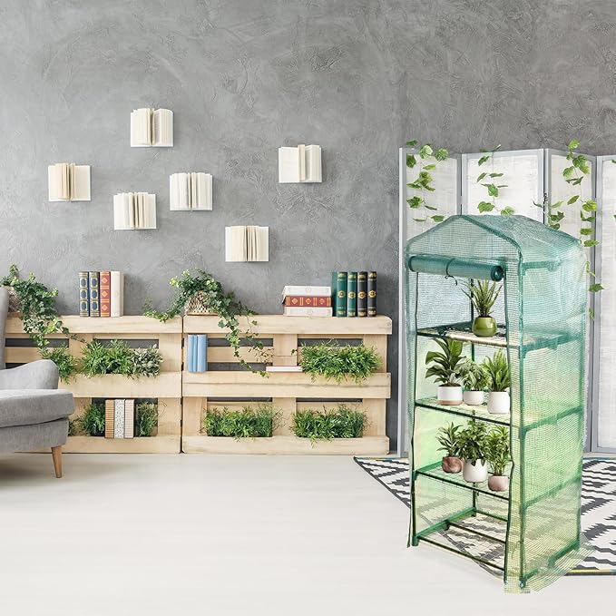 Baquler 4 Tier Mini Greenhouse Indoor Outdoor with 2 Grow Lights , 62'' H x 27'' L x 19'' W PE Cover Portable Winter Vented Greenhouse with Roll up Zipper Door Gardening Stand for Plant Seed Starting