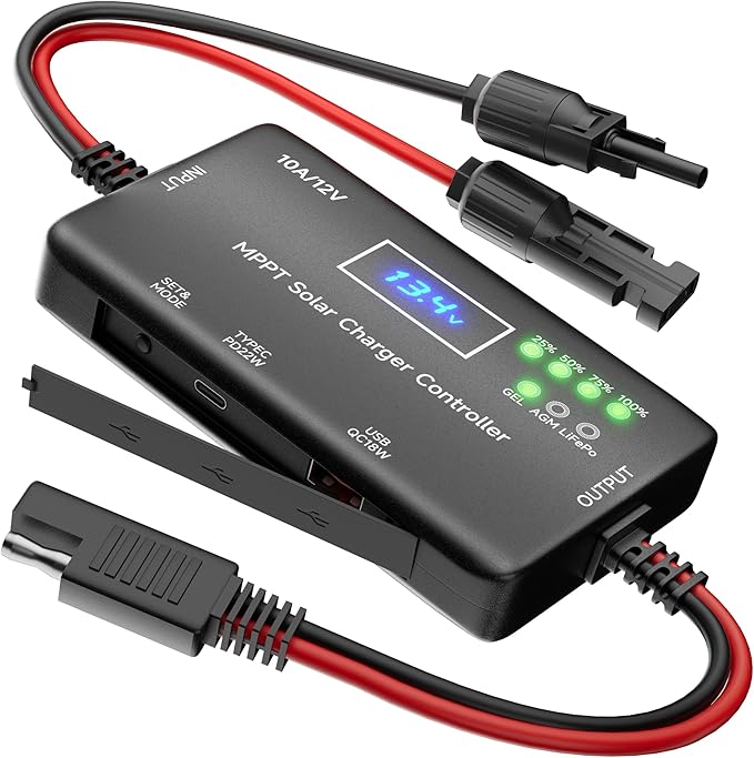 MPPT Solar Charge Controller 12V 10A, Solar Panel Charge Controller with Type-C and USB Output for Solar Panel and Gel, AGM, LiFePO₄ Battery