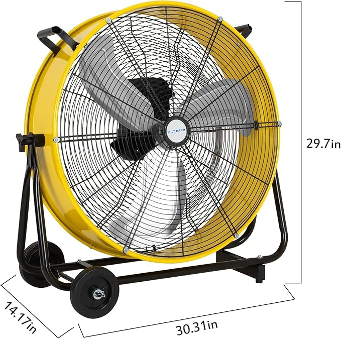 BILT HARD 24" Industrial Drum Fan With DC Motor, 7800 CFM Ultra Quiet Heavy Duty Metal Drum Fan with Adjustable Tilt for Garage, Warehouse, Workshops and Factory, UL Safety Listed