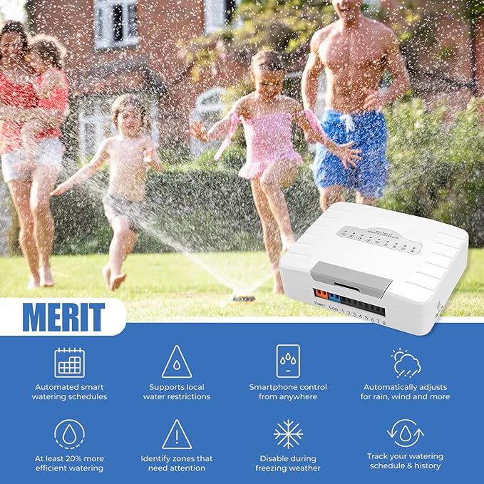 8-Zone WiFi Smart Sprinkler Controller,Garden & Yard Smart Sprinkler Controller,Weather Intelligence,Customized Watering Schedules,App Enabled,Real-time Monitoring