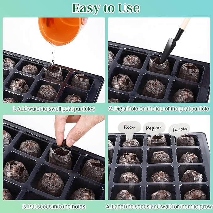 Hahood 4 Sets Seed Starter Tray Kit Germination Starter Tray with Humidity Dome and Base Include 100 Peat Pellets 100 Plant Labels Garden Tools Plastic Plant Growing Trays for Greenhouse Garden, Black