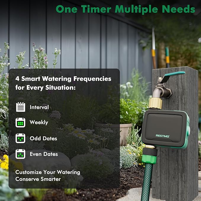 RESTMO Brass Inlet & Outlet Smart Sprinkler Hose Timer with Flow Meter, Water Timer for Garden Hose with APP Remote Control (RF Hub & 2.4GHz WiFi Connection), Automatic Drip Irrigation System for Lawn
