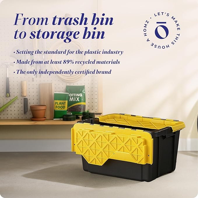 HOMZ 6-Pack Durabilt Tote, Heavy Duty Plastic Storage Bins with Lids, 15 Gallon, Black/Yellow - Stackable Organizing Containers for Home, Garage, and Office