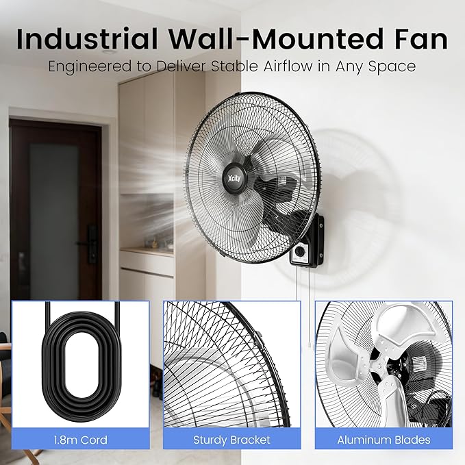 Xcity 20" Industrial Wall Mount Fan with Pull Cord, 90° Oscillating Shop Fan, 3-Speed High Velocity Airflow, Max 4650 CFM, Heavy Duty Metal for Garage, Workshop, Barn, Commercial, ETL Listed