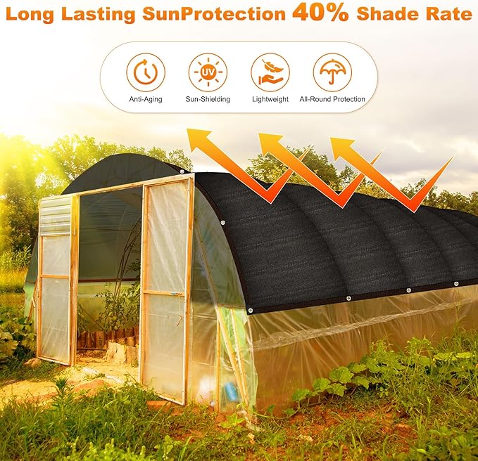 M METERXITY 40% Sun Shade Cloth for Garden, HDPE 10x13 ft Sun Shade Net with Reinforced Grommets for Patio/Greenhouse/Plant Cover, Heavy Duty Sunblock Resistant Mesh Tarp [Black]