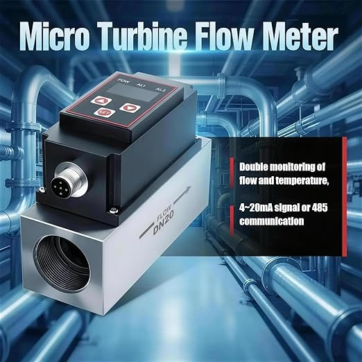 Micro Turbine Flow Meter 4-20mA Flow Transmitter with Temperature Sensor, OLED Display,Stainless Steel Industrial Flow Meter for for Water Industrial Liquids-DN20