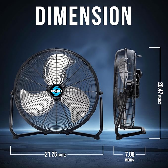 Tornado 18 Inch High Velocity Metal Floor Fan, 3-Speed Powerful Cooling for Industrial, Commercial, and Home Spaces, 120°Tilt, 6.0 FT Cord - UL safety Listed, Black