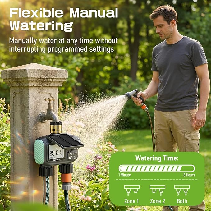 2 Zone Solar Water Timer, Hose Timer with Solar Charging, Sprinkler Timers for Garden Hose with Auto/Manual/Rain Delay Modes, Digital Drip Irrigation System for Lawn/Patio/Garden