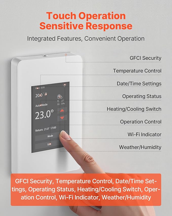 VEVOR 7-Day Programmable Thermostat Gray-White (Without WiFi) - for Radiant Underfloor Heating Cable & Heat Pump, GFCI & Sensitive Sensor, TFT Color Touch Display, Energy-Efficient