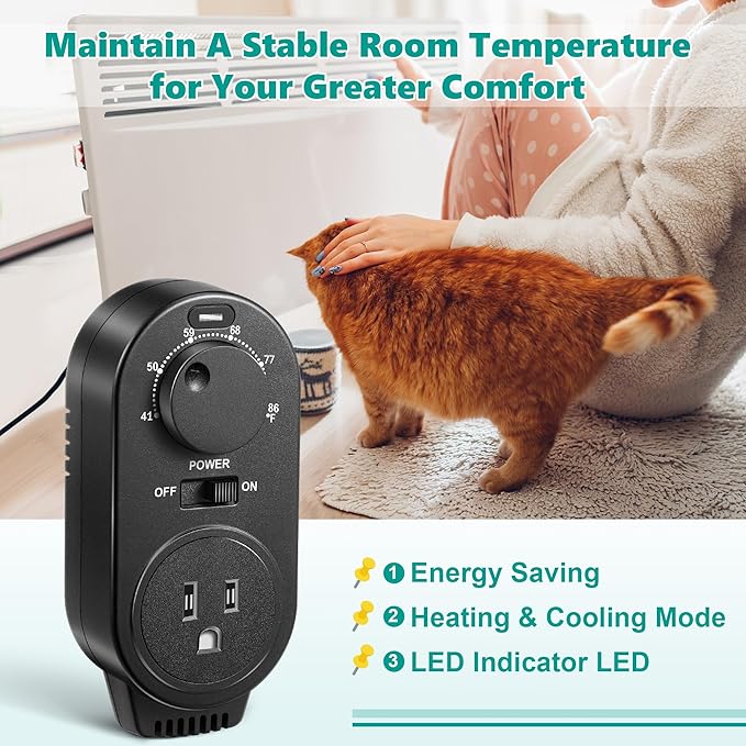 Adjustable Thermostat, Plug in Heating and Cooling Thermostat Controlled Outlet, Compatible with Portable AC, Fans and Space Heaters (1 Pack,Black)