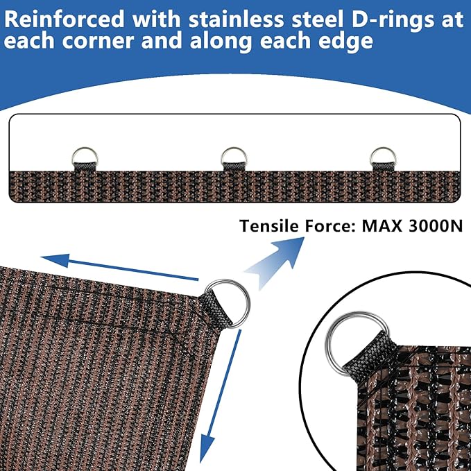 POYEE 90% 8x15ft Sun Shade Cloth with Reinforced Corner Webbing & D-Rings, Pergola Shade Cover – Breathable 200GSM HDPE Fabric for Patio, Garden, Deck & Backyard (Mocha)