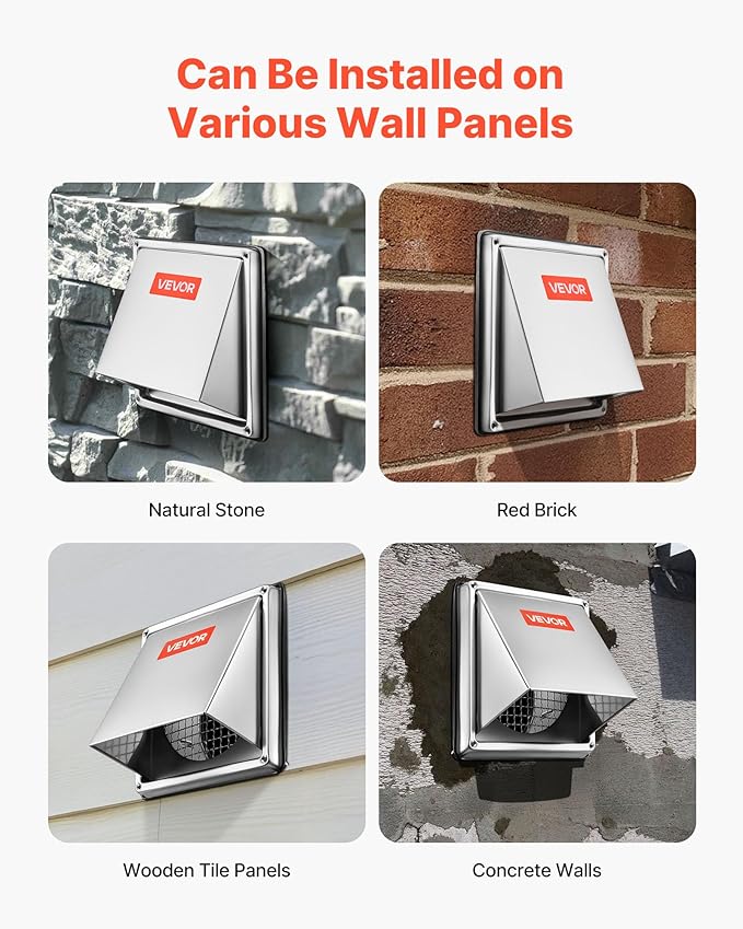 VEVOR 6 inch External Extractor Wall Vent Cover, Square AC Vent Gable Cover, Premium Stainless Steel & with Built-in a Protection Screen, for House,Bathroom,Garage,Kitchen,Basement (1 Pack, Silver)