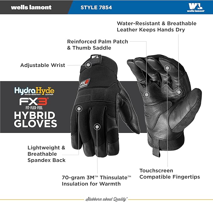 Wells Lamont Insulated Leather Work Gloves for Men - Fleece-Lined with 70g 3M Thinsulate for Warmth - Water-Resistant Goat Leather - Reinforced Palm & Thumb - Adjustable Wrist, Large, 7854L