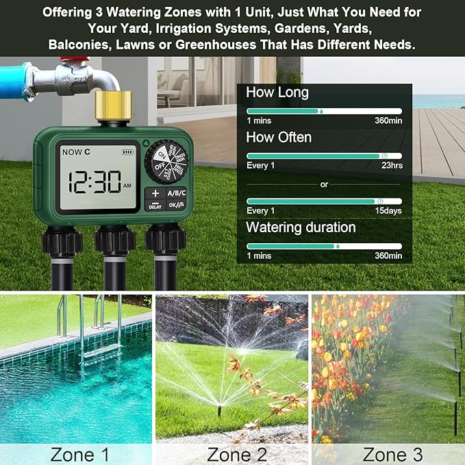 3 Zones Brass Inlet Water Timer for Outdoor Garden Hose, Sprinkler Timer for Garden Faucet with Auto/Manual/Rain Delay Mode, Sprinkler Irrigation Controller for Yard Lawn