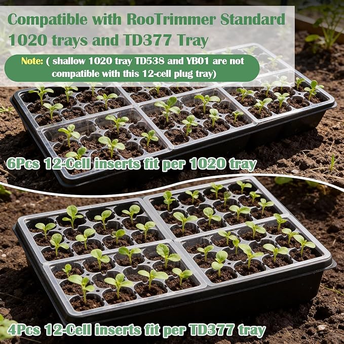 RooTrimmer 60 Pack Reusable 12-Cell Clear Seed Starter Trays - Extra Large Drainage Holes, Easy to Repotted, Clear Transparent Tray for Root Observation, Seed Starting, Fits Standard 1020 Trays