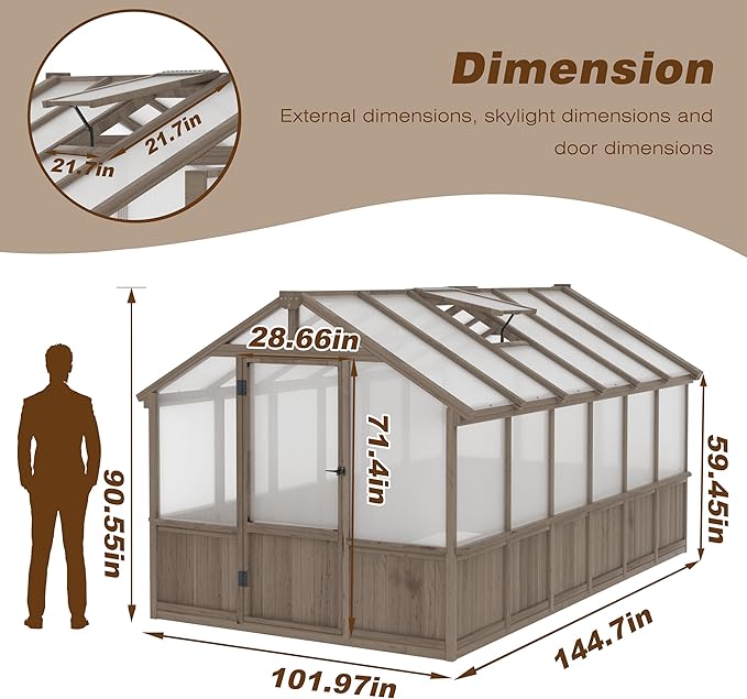 Yardenaler 8x12 FT Greenhouse Kit with 6MM Thick Polycarbonate Panel for Outdoor, Wooden Walk-in Green House with Adjustable Roof Vent and Lockable Door, Backyard, Garden, Light Mocha Brown