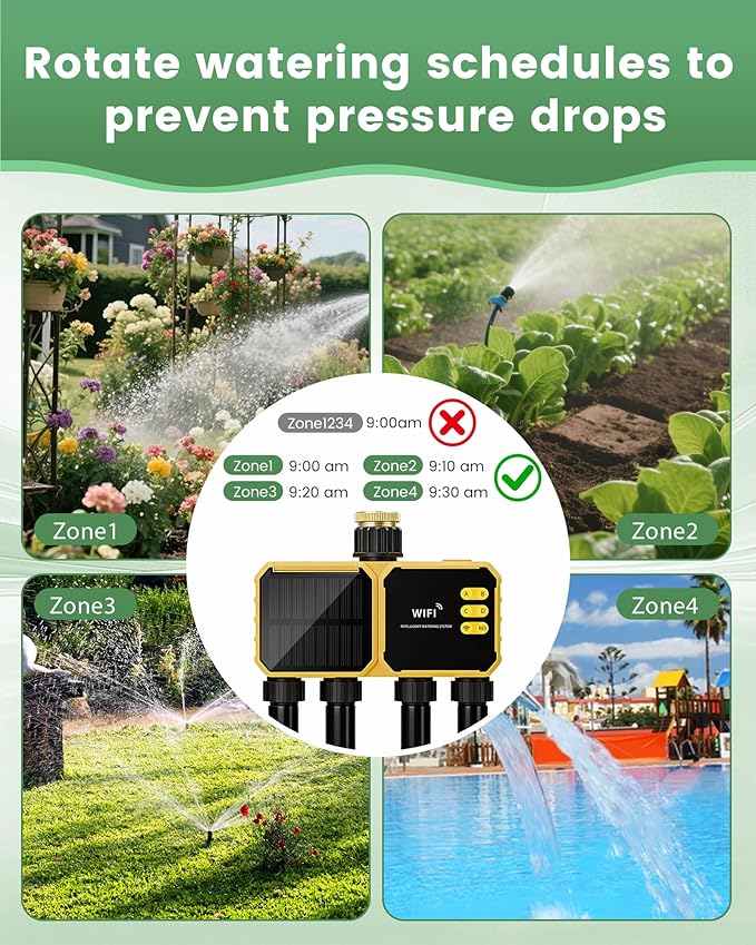 4 Zone Solar WiFi Sprinkler Timer, Smart Water Timer for Garden Hose 4 Outlets with Rain Delay/Automatic/Manual Watering System for Lawn Yard, APP Remote Voice Control Via 2.4Ghz WiFi No Need Hub
