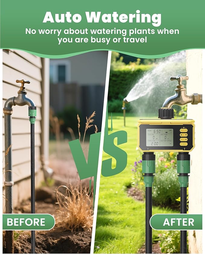 Sprinkler Timer, Solar Energy Water Timer for Garden Hose, Outdoor 2 Zone Hose with Rain Delay/Automatic/Manual Watering System, Digital Programmable Faucet Timing Irrigation for Lawn, Yard(No WiFi)